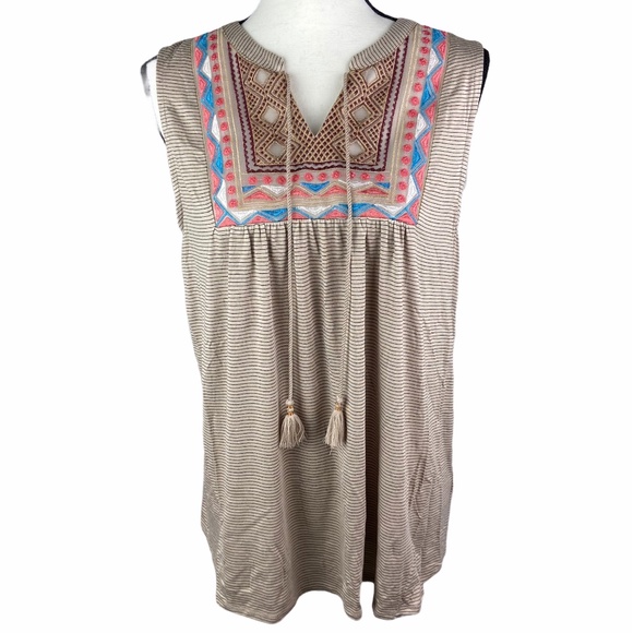 Knox Rose Tops - Knox Rose Aztec Embroidered Striped Tank Top